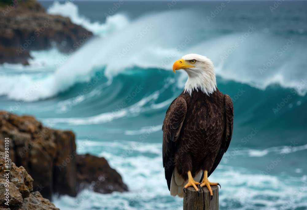 A majestic bald eagle perched on a post near crashing ocean waves