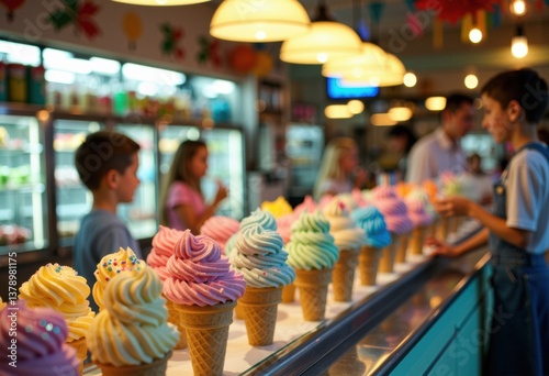 Colorful ice cream cones lined up in a vibrant dessert shop photo