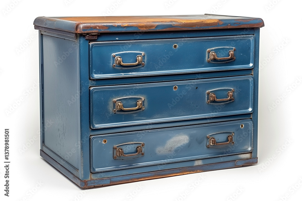 Fototapeta premium Vintage distressed blue metal chest of drawers with three compartments, showcasing a nostalgic charm.