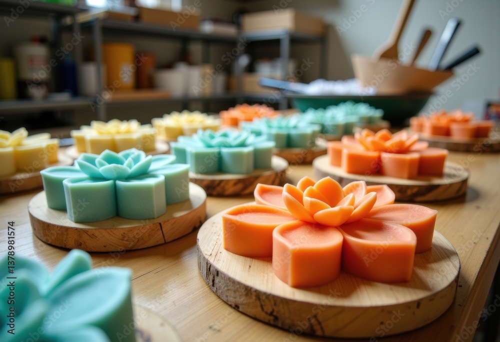 Colorful handmade soap in the shape of flowers displayed on wooden rounds Colorful handmade soap in the shape of flowers displayed on wooden rounds