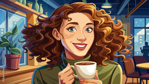 Charming woman with curly hair holding up her coffee cup with a smile, in a café setting