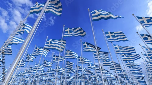 High resolution digital render of Greece flags. Waving colorful national flags of Greece on flagpoles.