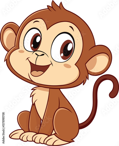 A cute brown baby monkey vector illustration, a happy cartoon animal character with a smile