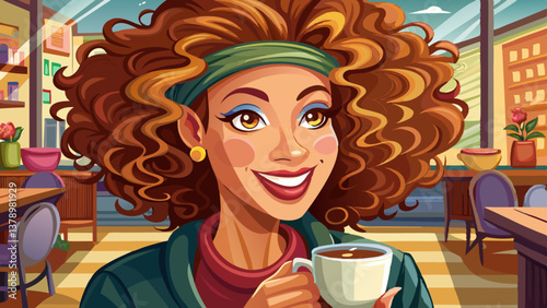Charming woman with curly hair holding up her coffee cup with a smile, in a café setting