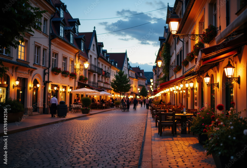 Obraz premium Charming evening street scene with illuminated cafes and cobblestone path