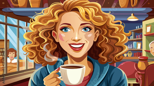 Charming woman with curly hair holding up her coffee cup with a smile, in a café setting