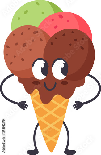 Cartoon illustration of a happy anthropomorphic ice cream cone with arms, legs and big eyes standing still with three scoops of ice cream of different flavors
