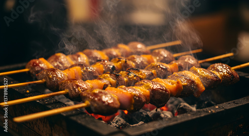 Smoky delight: Peruvian anticuchos grilling on a stick with flavorful steam rising