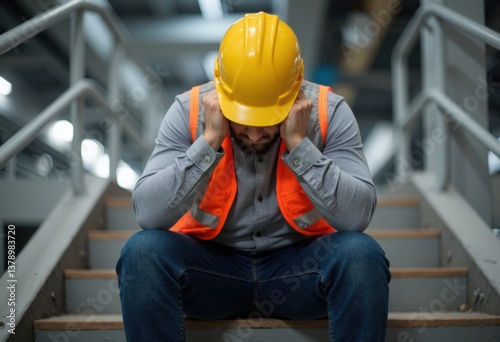 A construction worker in a yellow hard hat looks stressed while sitting on stairs