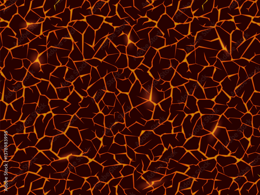 Crack pattern with volcanic lava on the ground. Vector background.