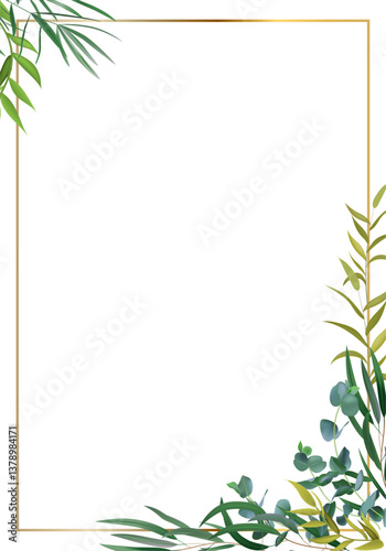 Golden frame decorated with exotic palm and eucalyptus leaves and branches creating a tropical invitation card, banner or template with copy space