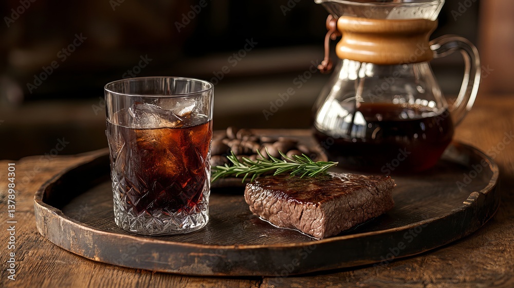 Delicious Grilled Steak Rosemary Garnish Iced Coffee Drink Dark Roasted Beans Gourmet Food Photography Still Life Rustic Wooden Tray Background Delicious Grilled Steak Rosemary Garnish Iced Coffee Drink Dark Roasted Beans Gourmet Food Photography Still Life Rustic Wooden Tray Background