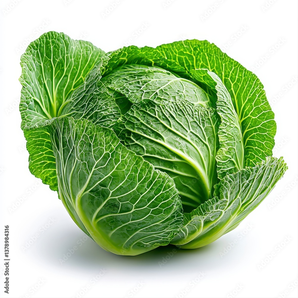 Fototapeta premium A single cabbage isolated on a clean white background highlighting its green leaves and nutritional benefits for cooking