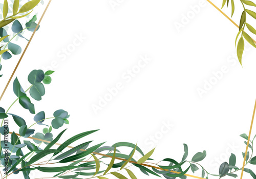 Eucalyptus and green leaves decorating a golden frame creating a white copy space for text, perfect for wedding invitations or elegant announcements