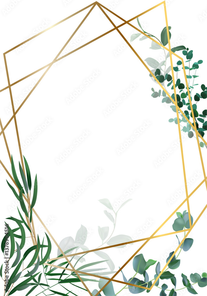 Golden geometric frame adorned with eucalyptus and green leaves, creating an elegant border on a white background, ideal for wedding invitations and sophisticated designs Golden geometric frame adorned with eucalyptus and green leaves, creating an elegant border on a white background, ideal for wedding invitations and sophisticated designs
