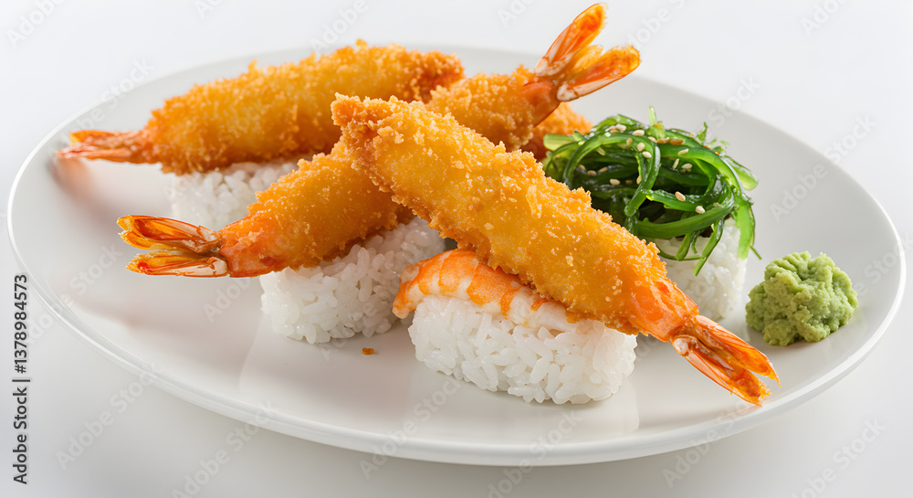 Delicious shrimp tempura sushi presentation on a plate for culinary enjoyment Delicious shrimp tempura sushi presentation on a plate for culinary enjoyment