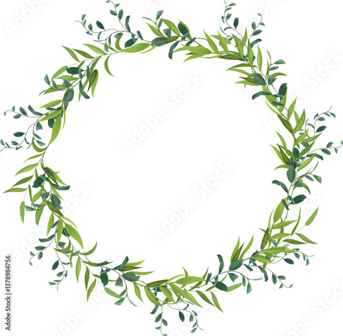 Wallpaper Mural Green leaves and branches forming a beautiful circular frame, creating a natural and elegant border, perfect for invitations, cards, or decorative projects on a clean white background Torontodigital.ca