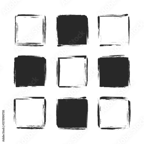 Grunge texture square shapes. Hand drawn black background templates.