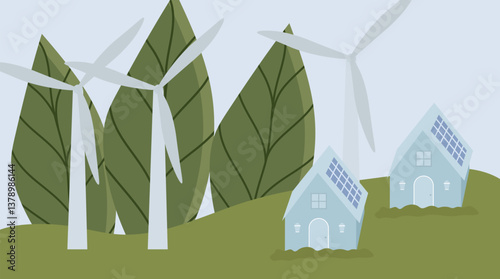 sustainable house with solar panel, wind turbines. renewable energy and green technology concept. Vector illustration