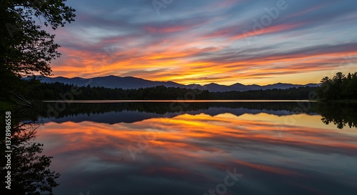 Tranquil Lake at Sunset with Vibrant Reflections and Scenic Mountain Landscape
