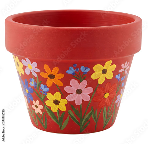 A red terracotta flower pot with colorful painted flowers