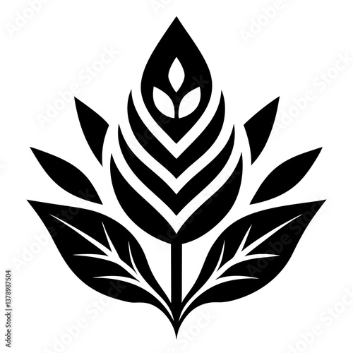 Elegant Black Floral Design Element with Stylized Leaves on White Background