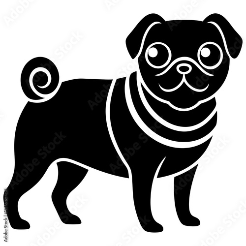 Minimalist Black and White Illustration of a Cute Pug Dog in Standing Pose.