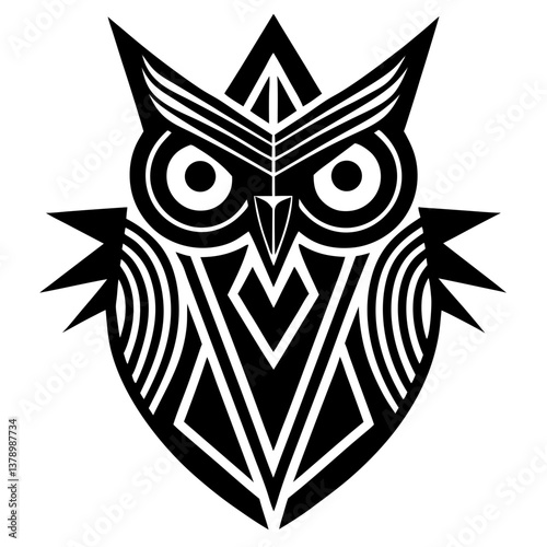 Stylized Owl Logo in Black and White with Geometric Elements for Branding or Design