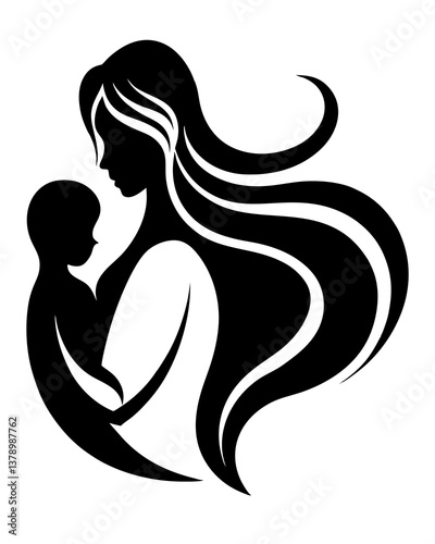 Elegant Mother and Child Silhouette Vector Illustration for Mother's Day or Family Concepts.