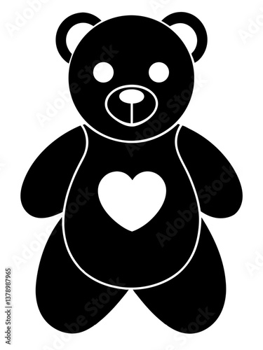 Stylized Black and White Teddy Bear Illustration with Heart Symbol for Valentine's Day.