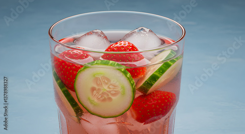 Refreshing Strawberry Cucumber Infused Water with Ice Cubes in Glass photo