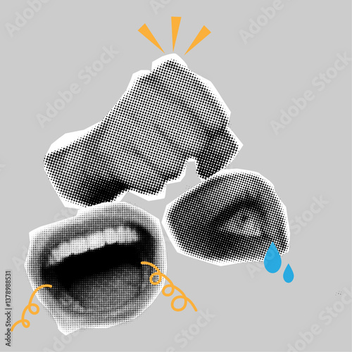 Halftone collage design for poster with dotted elements - shouting mouth,fist hand and crying eye
