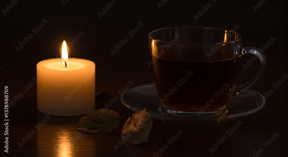 Warm ambiance illuminated with a tea cup and a burning candle display Warm ambiance illuminated with a tea cup and a burning candle display