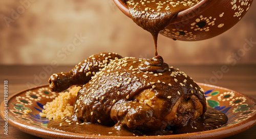 Authentic mexican mole poblano preparation over chicken and rice dinner dish