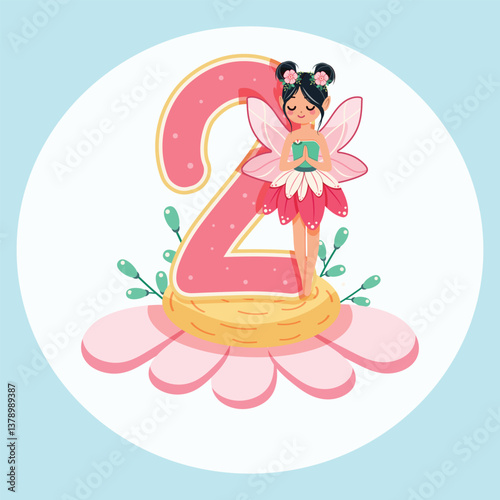 Cute and modest fairy stands on a beautiful flower with number 2 on white background. Flora and Fauna. Birthday, Banner, Flyer, Greeting Card. Vector illustration in flat cartoon style