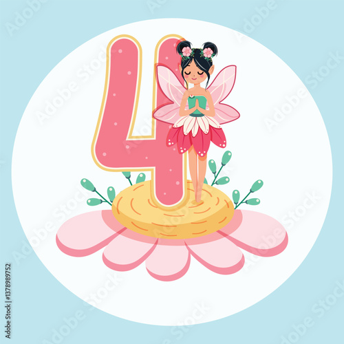 Cute and modest fairy stands on a beautiful flower with number 4 on white background. Flora and Fauna. Birthday, Banner, Flyer, Greeting Card. Vector illustration in flat cartoon style