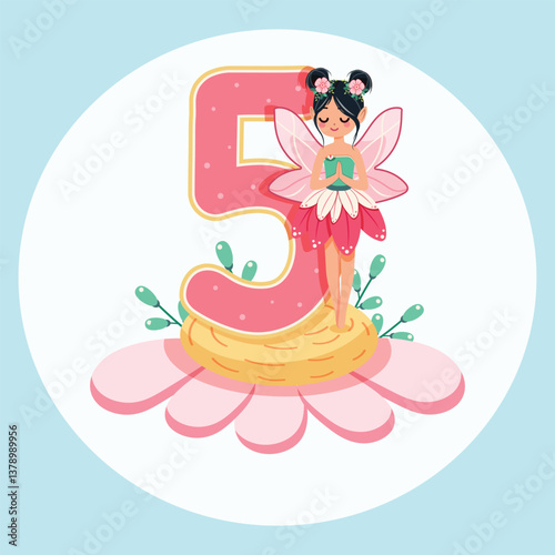 Cute and modest fairy stands on a beautiful flower with number 5 on white background. Flora and Fauna. Birthday, Banner, Flyer, Greeting Card. Vector illustration in flat cartoon style
