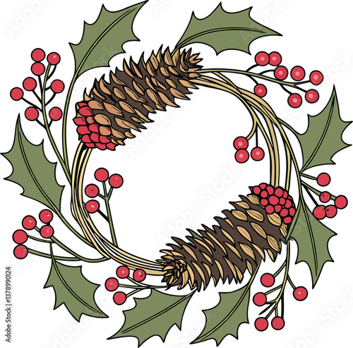 Festive Christmas Wreath With Holly, Berries, Pinecones, and Seasonal Decorations