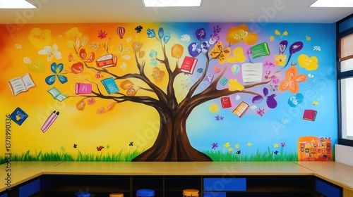 Colorful mural tree in a school library