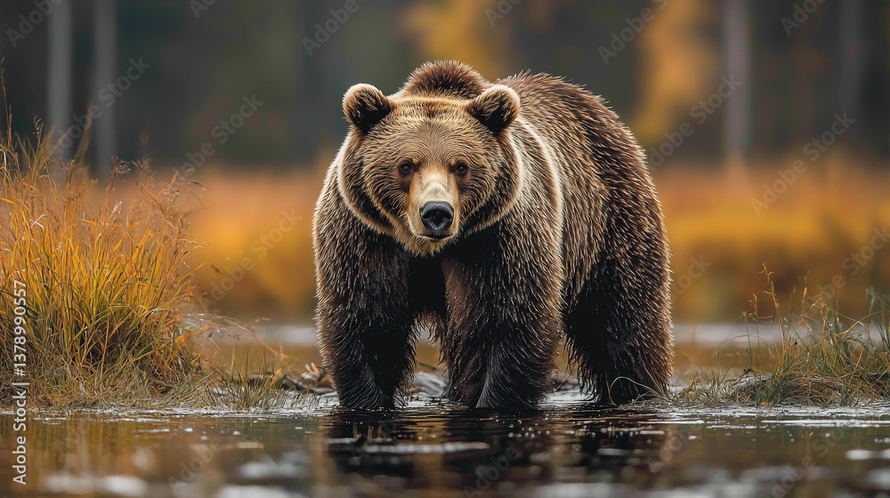 A large brown bear standing in a body of water A large brown bear standing in a body of water