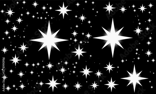 Bright monochromatic star patterns on a black backdrop, creating a mesmerizing celestial view evocative of the night sky's beauty.