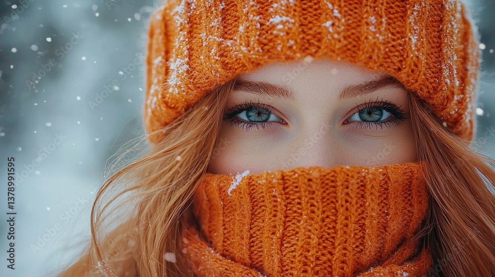 A woman wearing an orange hat and scarf in the snow A woman wearing an orange hat and scarf in the snow