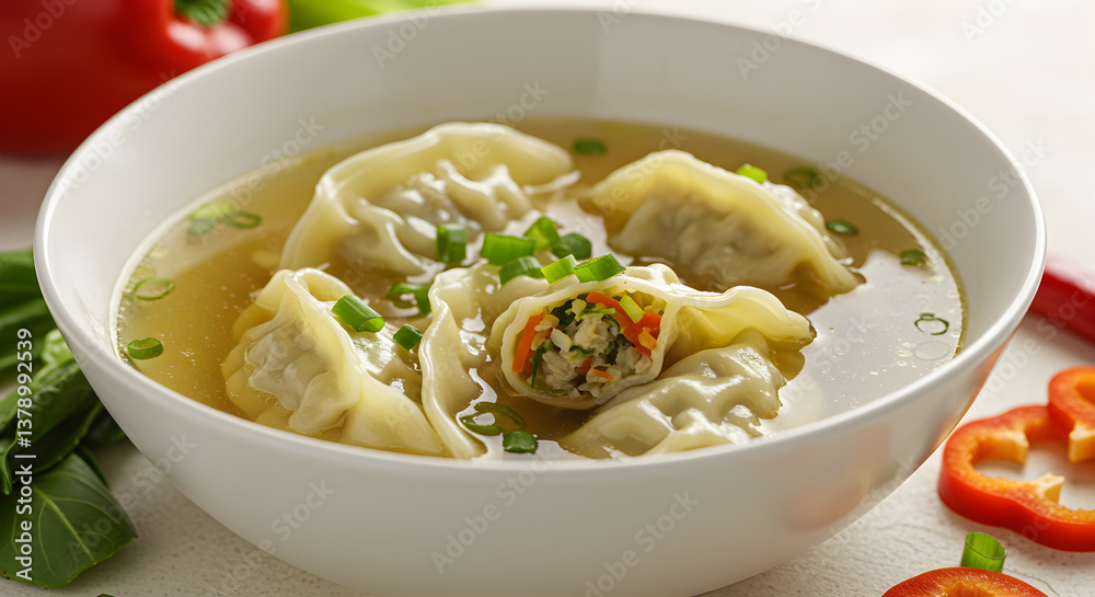 Delicious Vegetable Gyoza Soup Ready to Savor in a White Bowl close up Delicious Vegetable Gyoza Soup Ready to Savor in a White Bowl close up