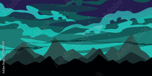 Vector illustration of a beautiful landscape of the aurora borealis, starry night. Cartoon scene of high, low mountains, night sky with celestial aurora borealis, shining stars. Northern lights.