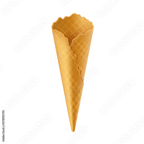 Realistic illustration of a single empty waffle cone. Golden brown with a textured surface and scalloped edges, ideal for holding favorite ice cream flavors.