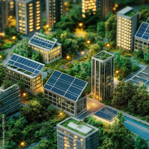 A sustainable city of the future, glowing with solar energy and vibrant green spaces at night, showcasing eco-friendly architecture and renewable power.