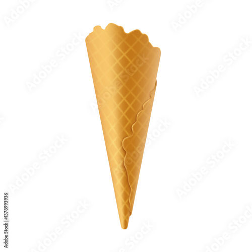 Detailed image showing a crisp empty waffle cone ideal for ice cream desserts or snacks graphic representation on clean white background.