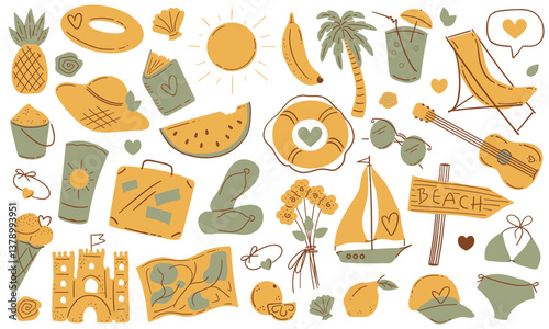 Summer vector icon set collection flat design beach vacation tropical elements swimsuit hat palm banana boat sunblock pineapple drink cap book flipflops sunglasses guitar sun travel holiday fun