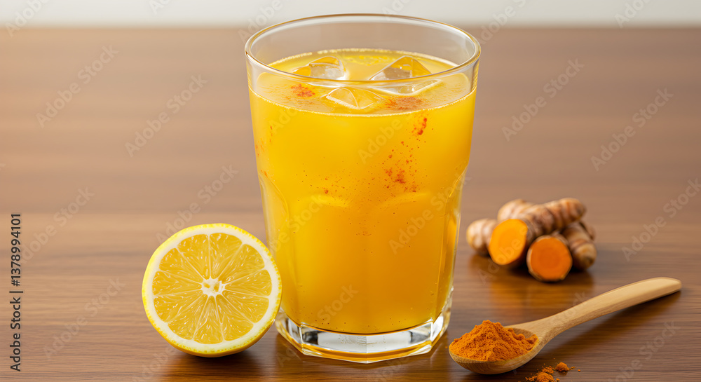 Fototapeta premium Refreshing Turmeric Lemonade: A Vibrant and Healthy Beverage Composition