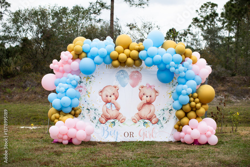 gender reveal pregnancy baby reveal boy or girl with balloon arch in teddy bear theme blue or pink